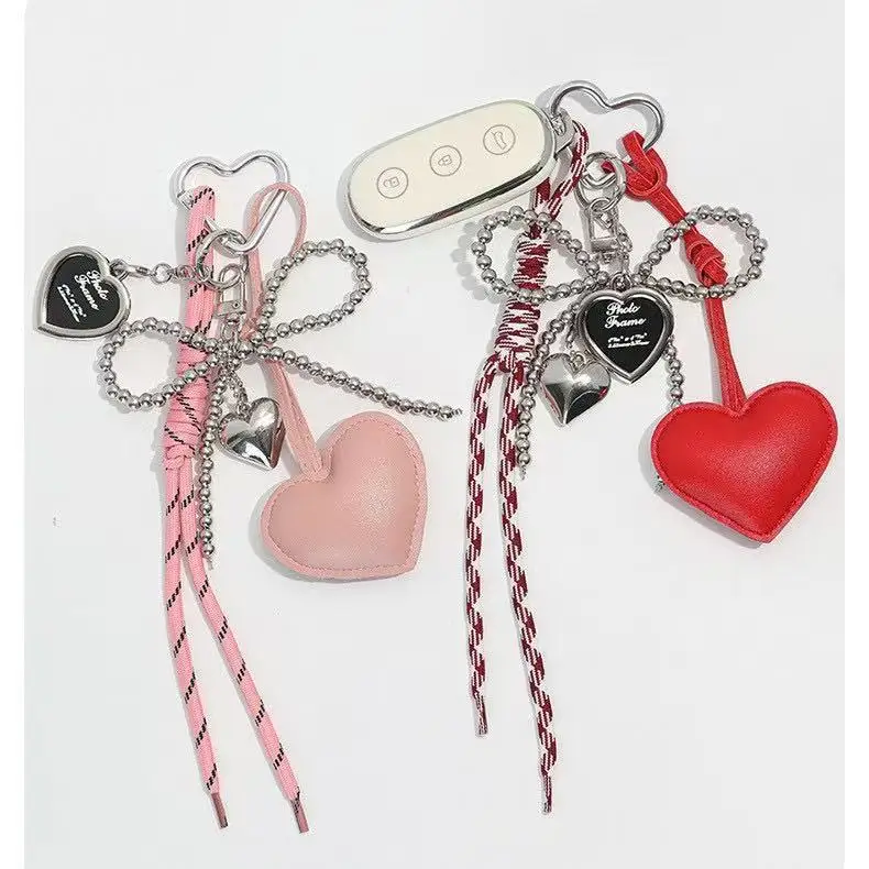 

Ladies' Bag Pendants Korean Cute Beaded Leather Heart Bow Sweet Bag Accessories Multifunctional High-quality Keychains For Girl
