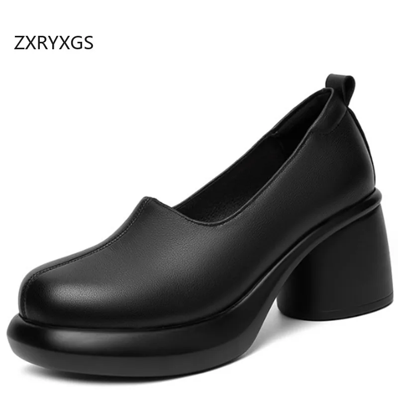 ZXRYXGS High Quality Genuine Leather Shoes Woman Pumps Shoes 2024 Temperament Elegant High Heels Fashion Show Shoes Black Beige