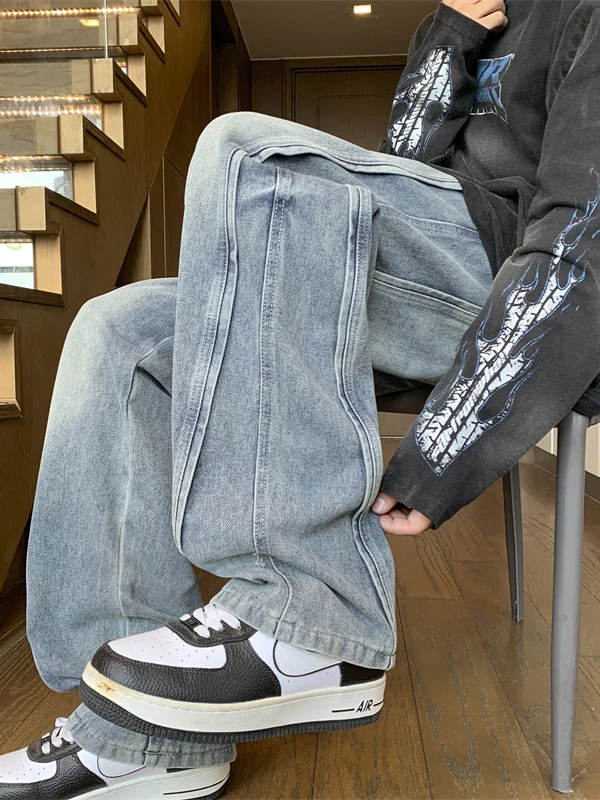 Calças Jeans Retas Tingidas e Lavadas MGJM Heavy Industry para Homens, Mulheres e Jovens, Estilo Slim, Calças Longas de Cintu...