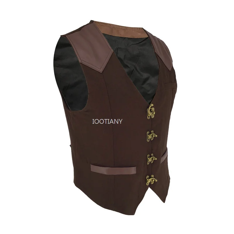 New Brown V-neck Leather Steampunk Gothic Jacket Men Casual Slim Sleeveless Leather Vest Suit Vintage Gilet Homme Waistcoat