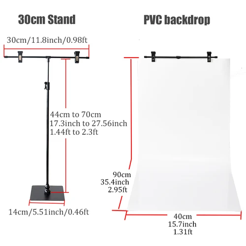Imagen 2 del producto BFOLLOW-soporte de fondo en forma de T de 30cm con accesorios de fondo de PVC de 40cm para productos, escritorio de fotografía, Kit de sesión de fotos, conjunto de estudio
