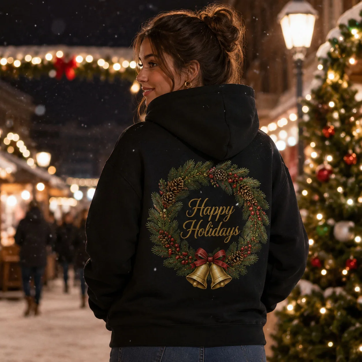 Christmas Hoodie Snowflake Bell Graphic Men Women Oversized Pullover Sweatshirt Classic Winter Holiday Party Family Gift