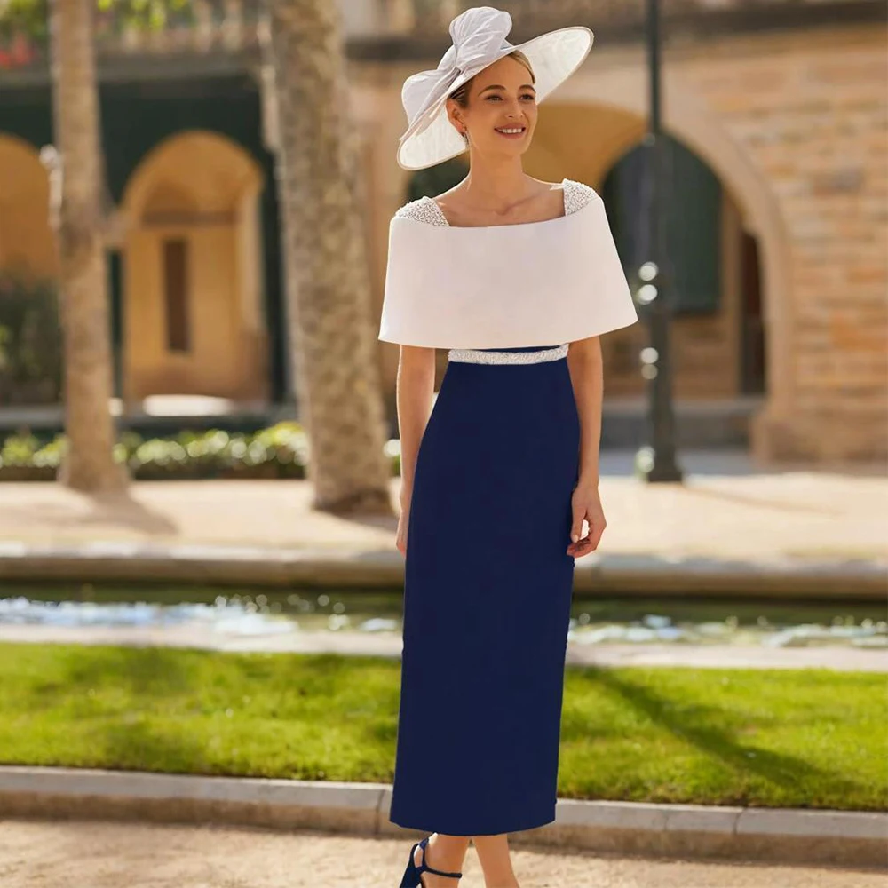 

Customized Mother of the Bride Dress Column Pearls Ivory Navy Blue Wedding Guest Gowns Maxi Ankle Length Bow Cocktail Party Gown