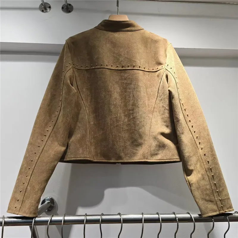 HKSH Women Short Coat Vintage Rivet Stand Collar Zipper Design Patchwork Moto Biker Style Stylish Ins Niche Cargo Jacket HK26349