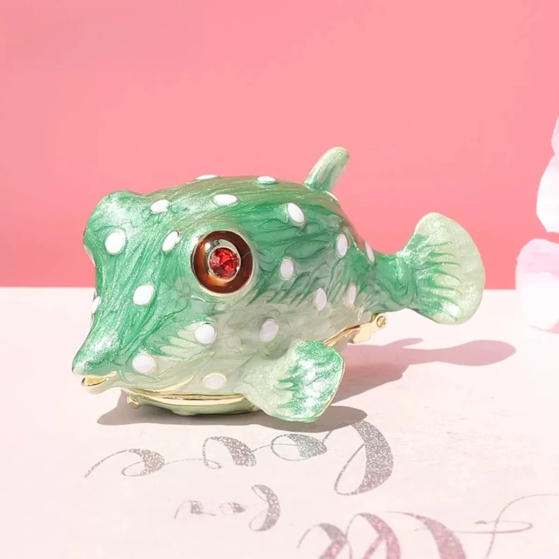 Vintage enamel painted pufferfish jewelry box, metal marine animal ornaments, girls' ring and earring collection small box, gift