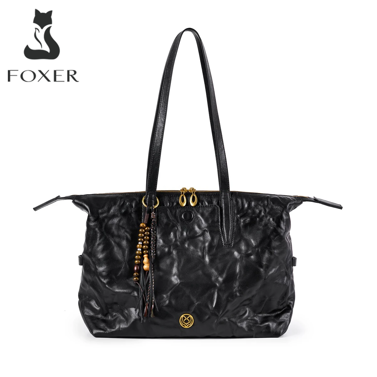 FOXER Luxury Brand Tote Bag for Women Black Genuine Leather Shoulder Bag Large Capacity Lady Travel Handbag Female Work Purse