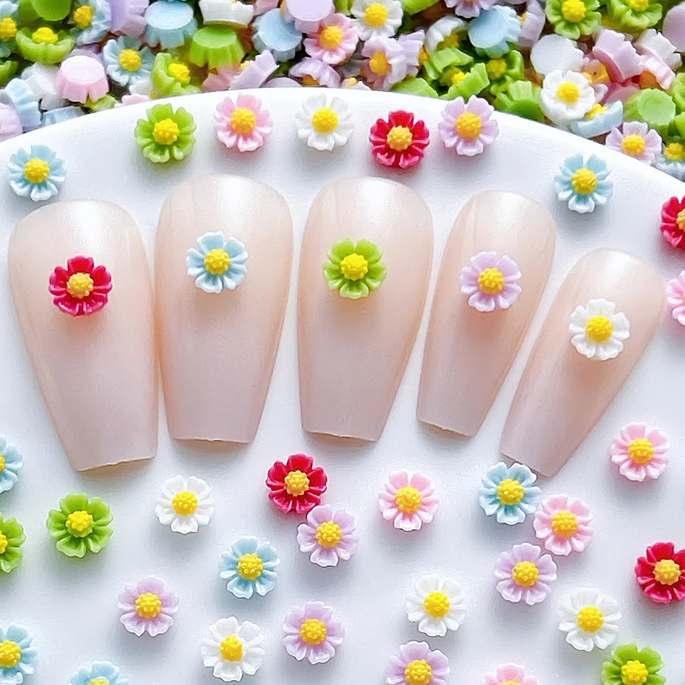 50PCS 6MM 3D Acrylic Flower Nail Art Daisy Accessories Charms Parts For Nails Decoration Design Manicure Material Supplies Tool