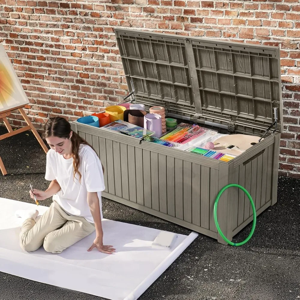 

150 gallon XL deck container with divider and lockable lid, waterproof resin outdoor storage, suitable for terraces and gardens