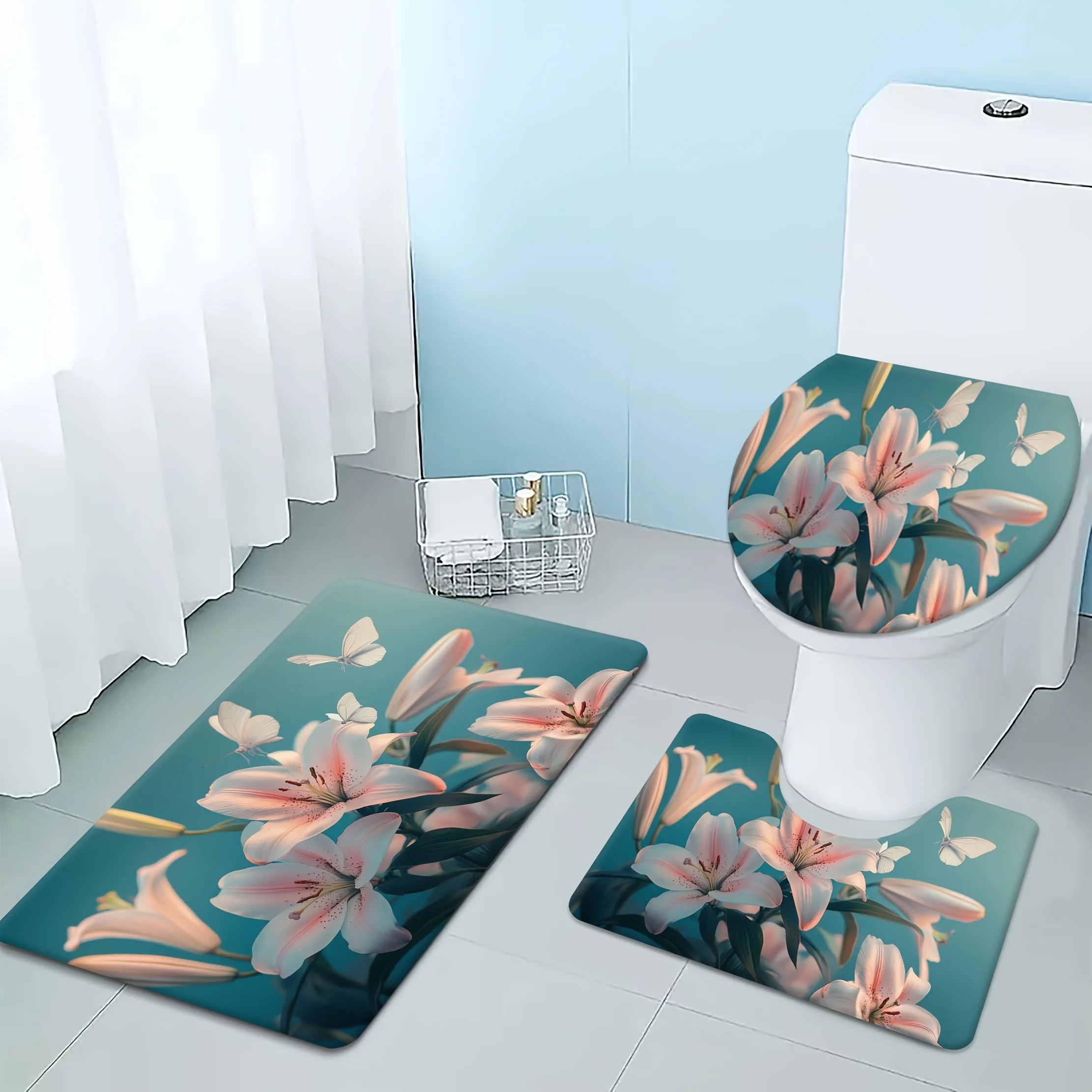 

3-х предметный декор для ванной комнаты с розовым цветком лилии, полиэфирная ткань, ученый, U-образный коврик, коврик для сиденья унитаза, нескользящий коврик