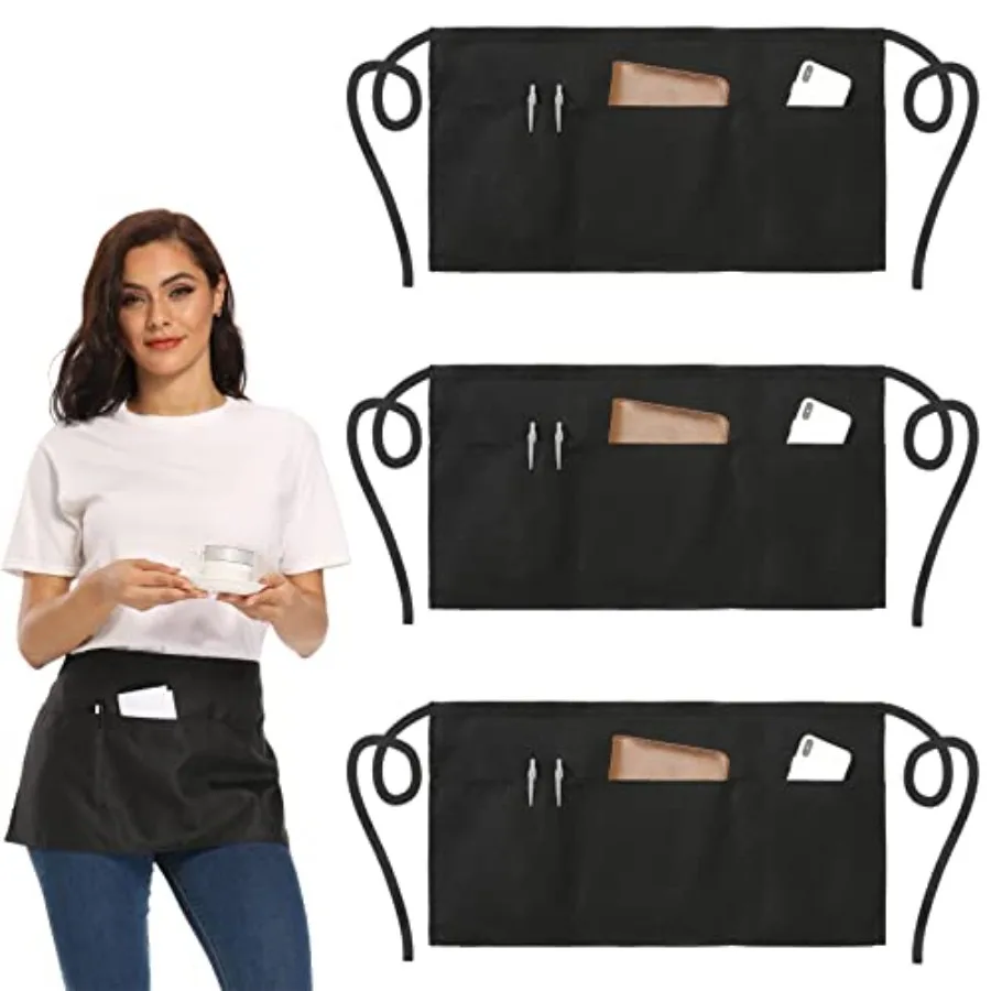 

NOBONDO 3 Pack Waitress Aprons with 3 Pockets - Waist Aprons for Women Men Commercial Waiter Half Apron with Extra Long Straps