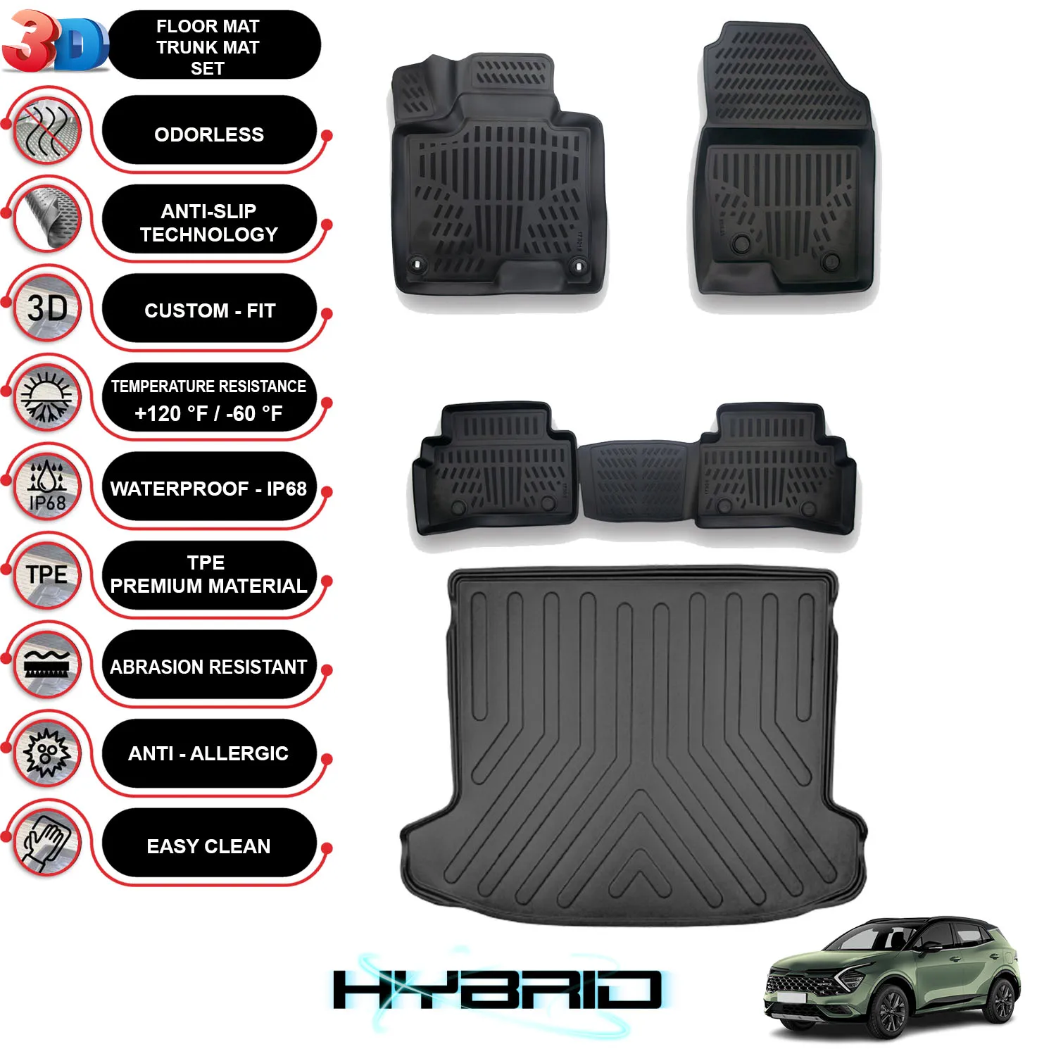 Kia Sportage Hybrid - (2022-2023) - Floor Mats + Cargo Trunk Liner - SET - (Black)