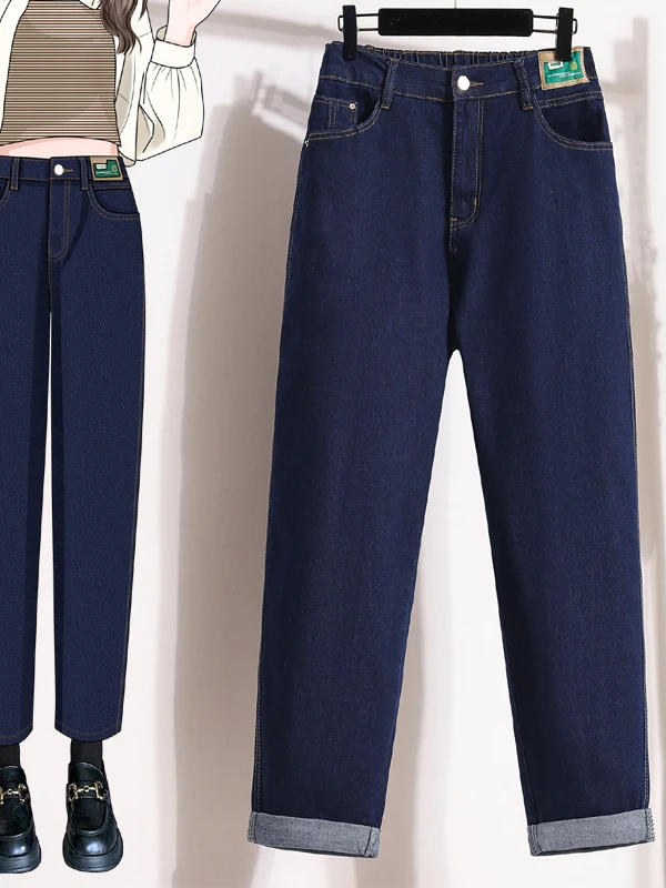 Printemps 2026 grande taille femmes jean taille élastique coupe ample hanche et cuisses Thi neuf Points décontracté jambe droite coton Denim