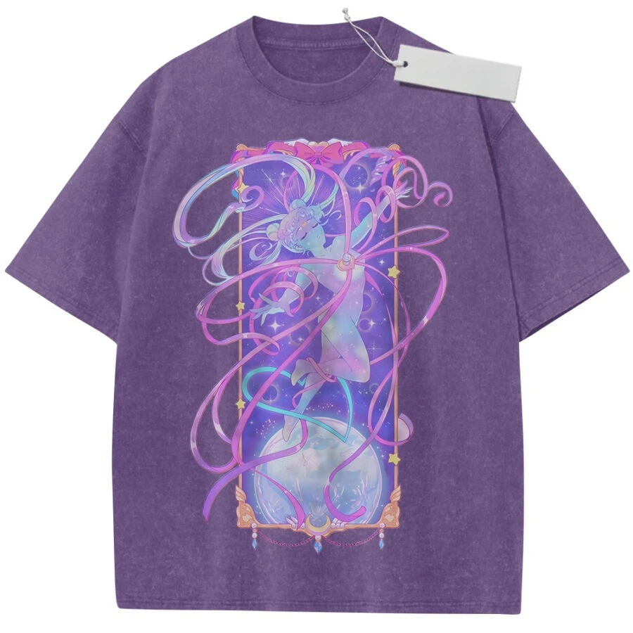 2026 Sommer Herren Lila Washed T-Shirt Sailor Moon & Chibiusa Dreamy Ribbon – Hochwertiger Stoff für Freizeit & Shopping