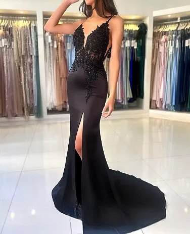 

Elegant Black Evening Dresses Mermaid Spaghetti Strap V-neck Lace Appliques Formal Mopping Length Princess Ball Celebrity Gowns