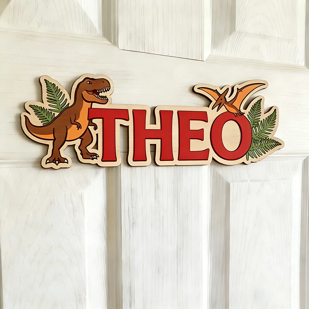 Personalized Dinosaur Name Sign for The Dearest Baby, Wooden Nursery Decor with T-Rex & Pterodactyl, Cute Kids Door Plaque, Baby view 4