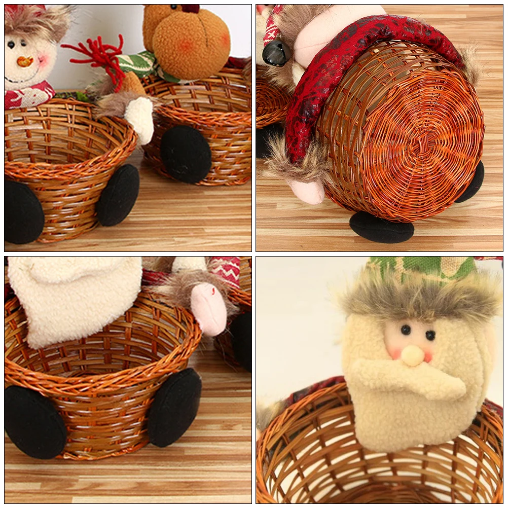 

2pcs Snowman Candy Basket Christmas Gift Bamboo Weaving Storage Container Cartoon Design Home Festival Decoration