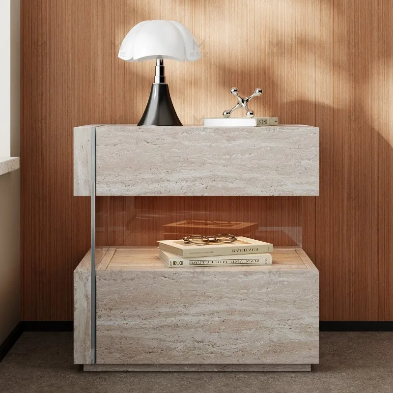 Travertine silent medieval French bedside table with lamp Nordic wind suspended bedside table Bedroom glass bedside storage cabi