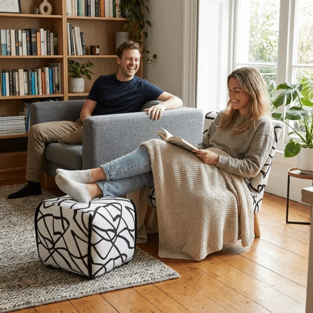 Pouf ottoman en tissu de lin, siège rembourré doux, éponge résiliente, forme carrée, pouf carré pour usage domestique