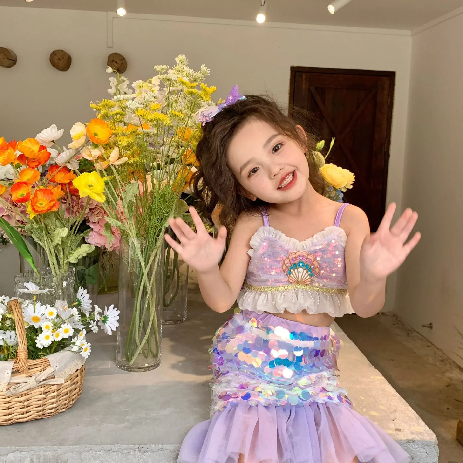 3-8T Infant Girls Dress Set Summer Toddler Kid Baby Girl Clothes Set Sequin Ruffles Tank Top Mermaid Skirt Set  Princess Outfit