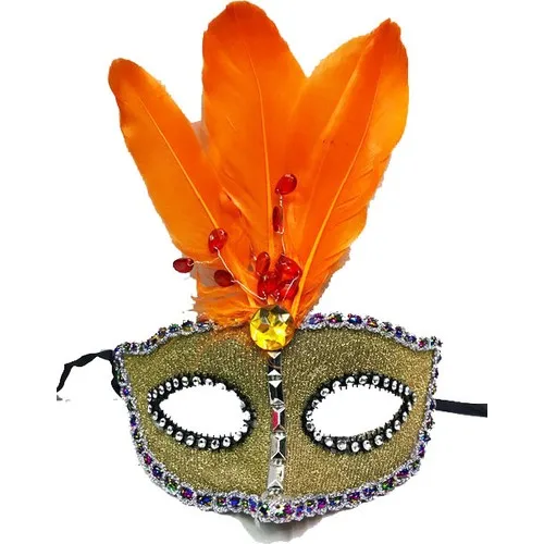 Sable Beads Embroidered Ruched Orange Furry Christmas Party Mask Gold Color