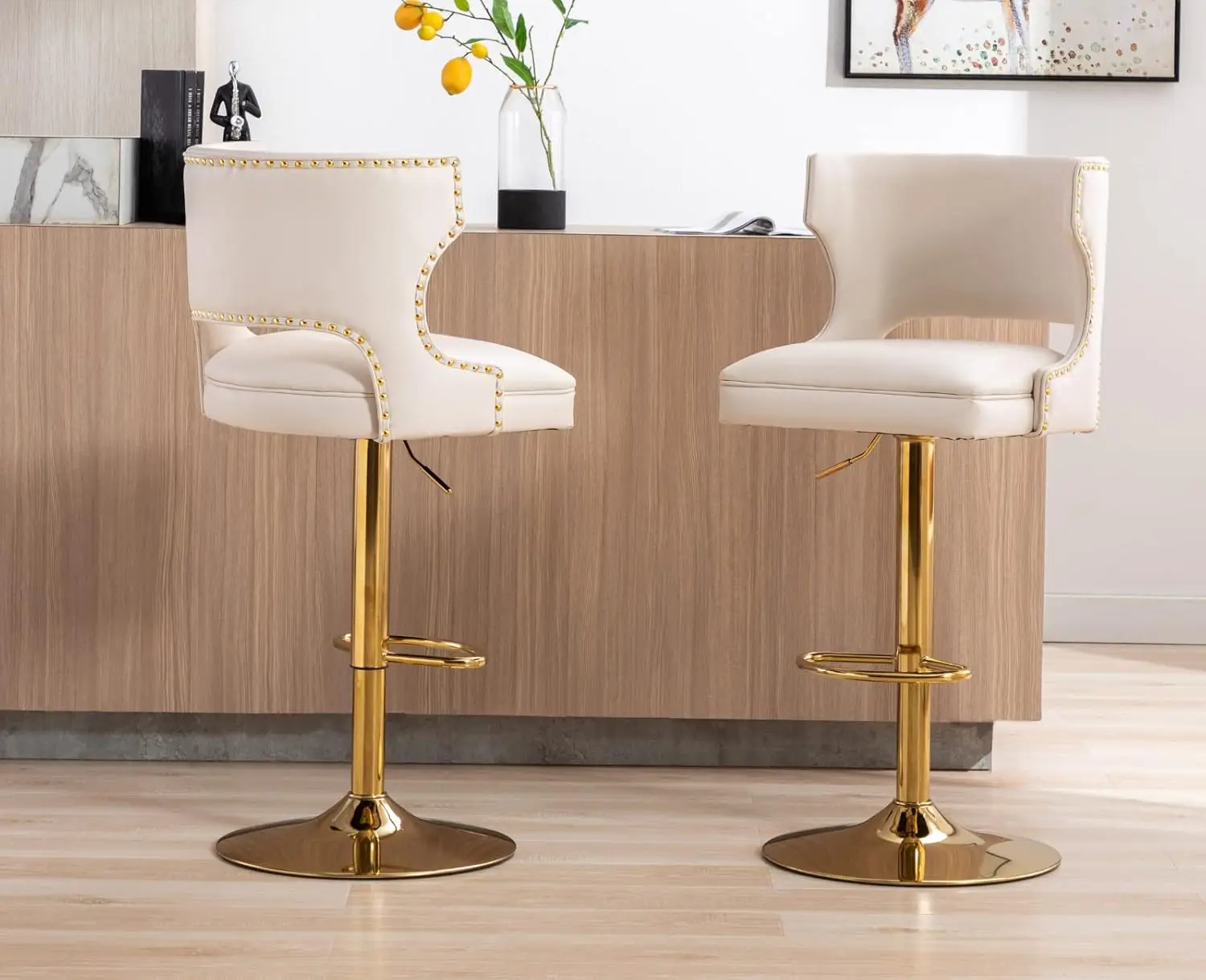 

Leather Bar Stools Set of 2 Swivel Counter Height Barstools with Back Adjustable Bar Chairs with Gold Base Modern, Customized
