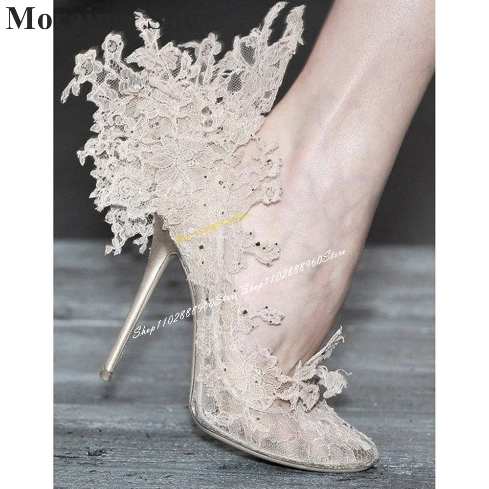 Runway Apricot Air Mesh Flower Decor Pumps Thin High Heel Shoes For Women Slip On Pointed Toe 2024 Fashion Zapatos Para Mujere