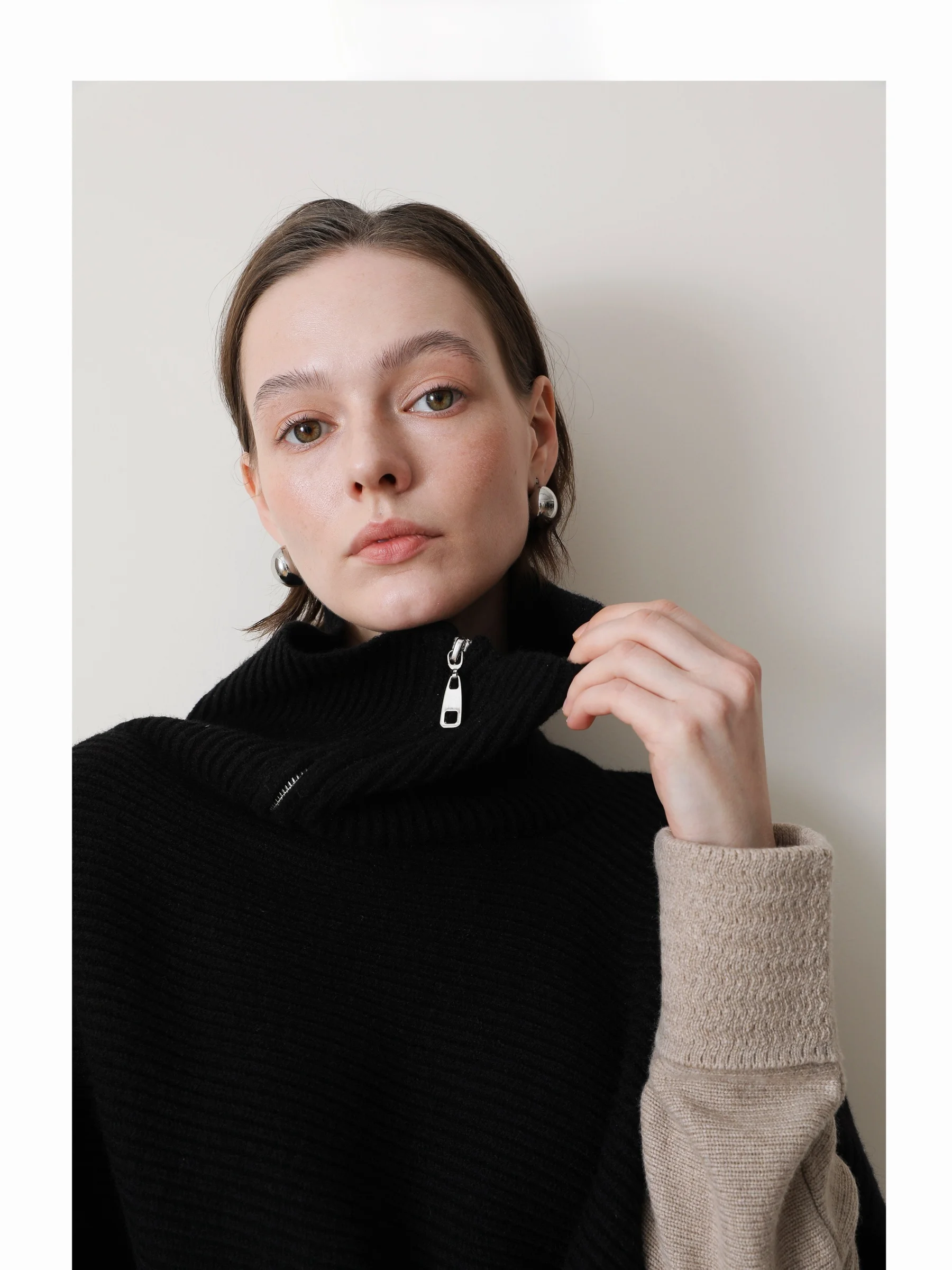 

3HLADY Bla Asymmetric Oversized Knitted Sweater Casual Sle Long Sve High Ne Women's Faion Layering Mix Matching