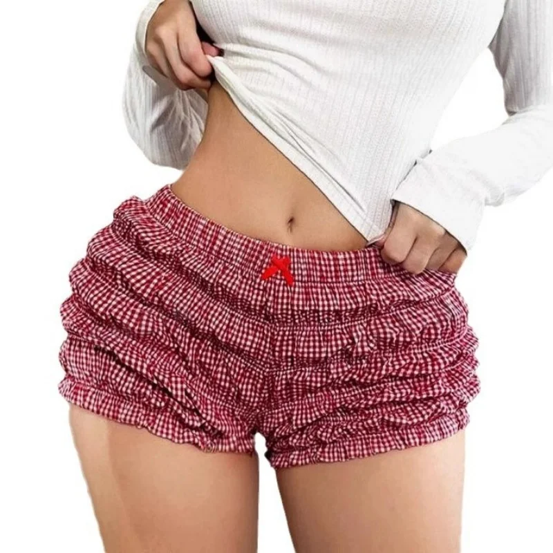Women's 2026 Summer Fashion Shorts Fresh Sweet Plaid Print Ruched Elastic Waist Casual Bottoms