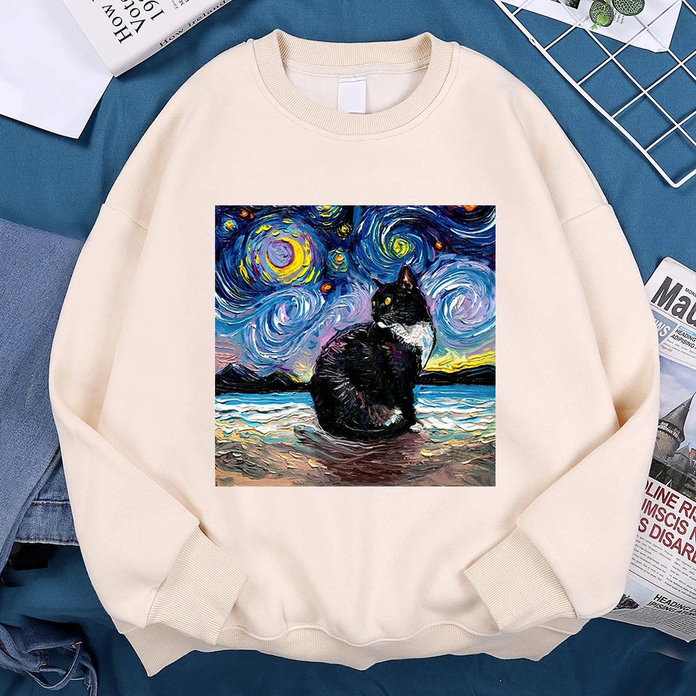 Oil Painting Starry Sky Cat Hoody Men Crewneck Fashion Casual Wear Fleece Pullover Streetwear Sweatshirt Loose Comfortable Hoody