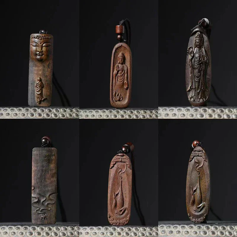 1PCS Agarwood Carved Flower Buddha Statues Pendant Handle Piece Double-sided Carved Lucky Nafu Ping An Brand Wen Play Wood