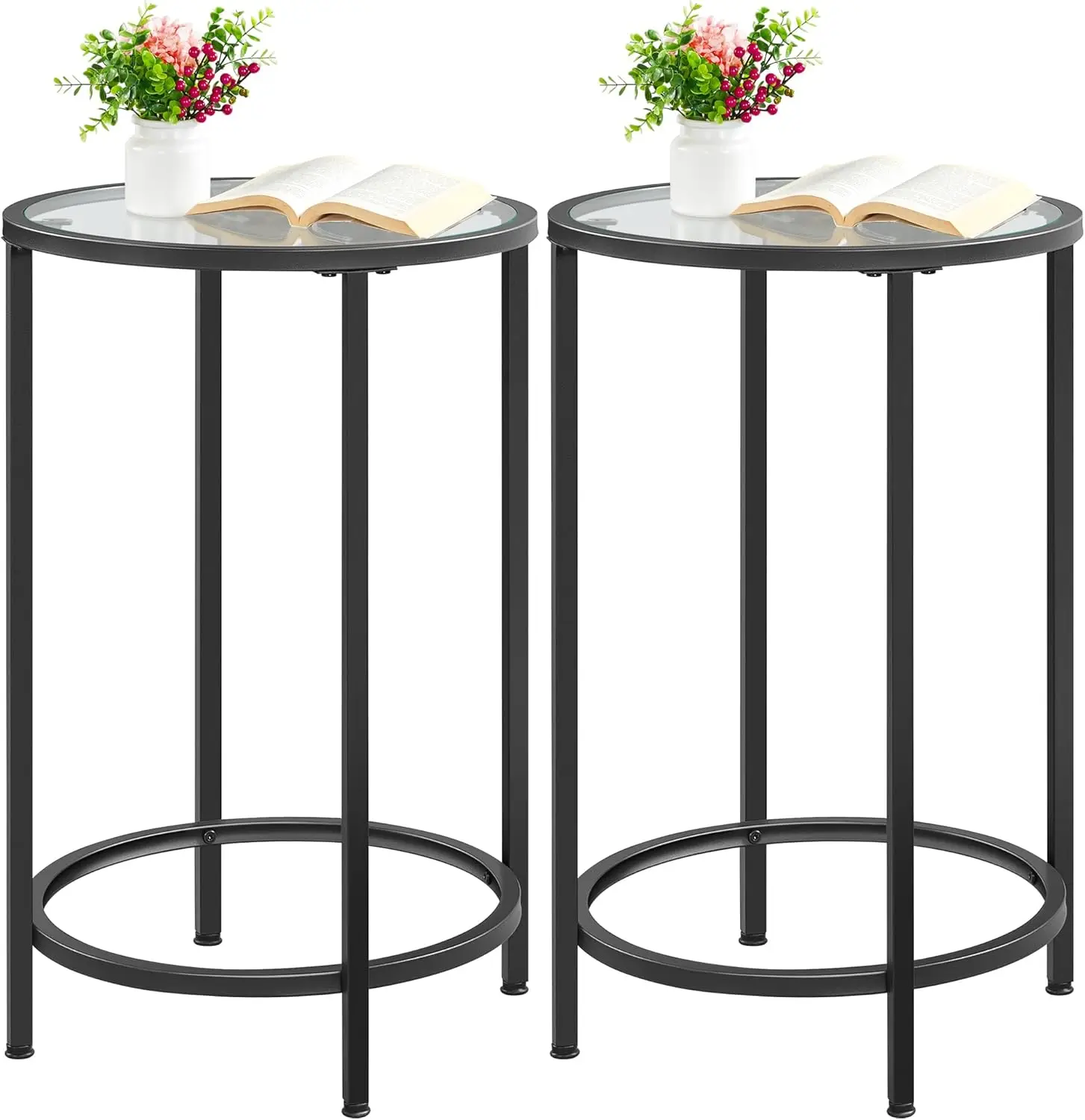 

End Table Set of 2, Round Glass Top with Metal Frame