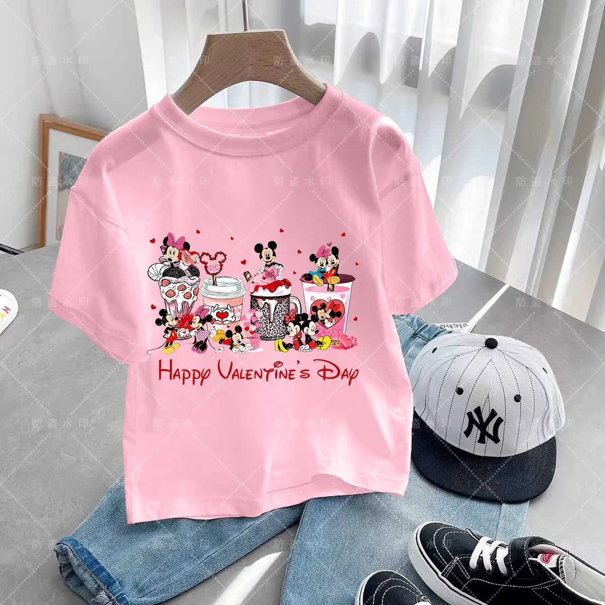 

Disney animation Mickey Mouse milk tea cup summer fashion animation children's T-shirt crewneck casual short-sleeved printed top