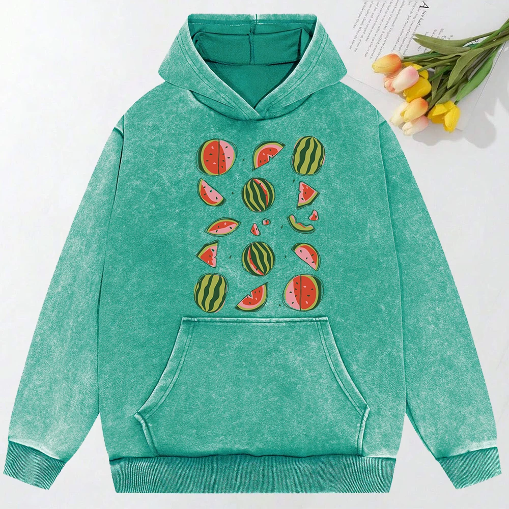 Delicious Watermelon Cut Open  Print Washed Sweatshirt All-Match Loose Pullover Autumn Cotton Hoodies Casual Oversized Womenwear