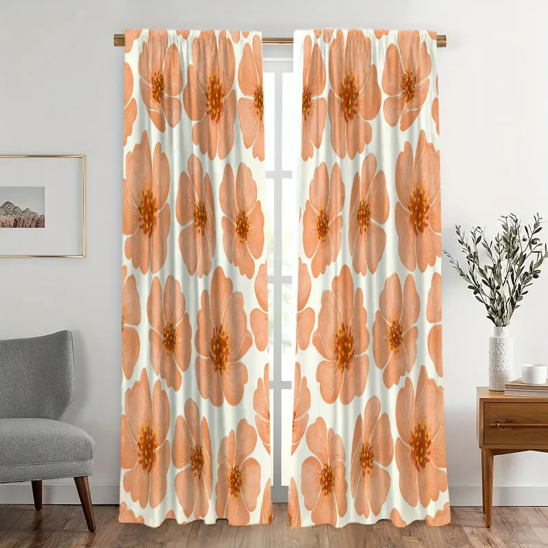 Beautiful Orange Floral Curtain Drapes Set Boho Botanical Print Window Curtains Home Decoration for Living Room Bedroom