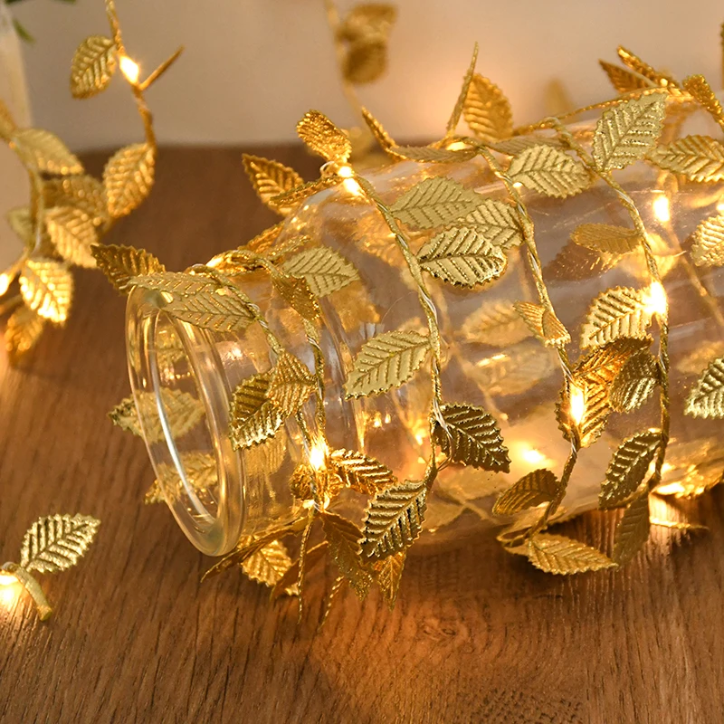 2M Golden Leaves 20LED Warm White String Lights Battery-operated Golden Leaves Plant Fairy Lights Home Wedding Decoration