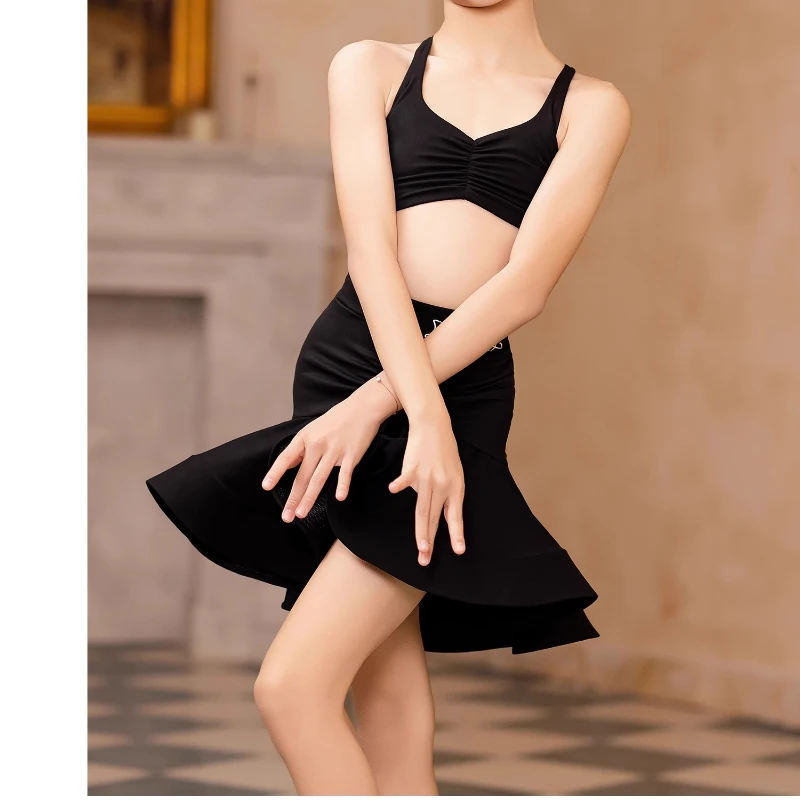 Criança vestido de dança latina terno traje para meninas preto sem costas superior balanço saia dança samba rumba treinamento desempenho dancewear