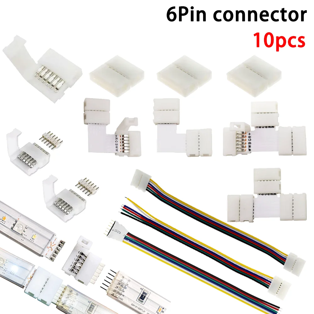 10 stücke 12mm 6PIN Kein Löten Einfache Stecker RGB + CCT L Form T Form für RGBCCT RGBCW LED Streifen Licht 6 PIN LED Streifen Stecker