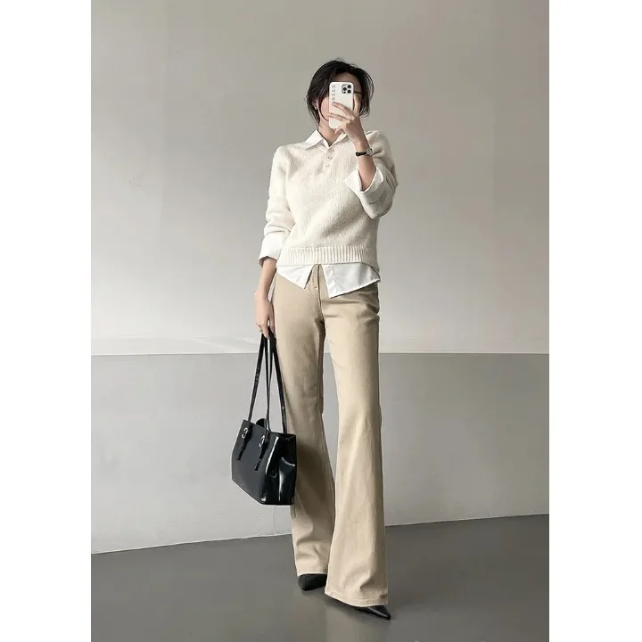 

Chic Retro Khaki Wide Leg Pants Slimming Loose Jeans Women's Summer 2026 Fashion Straight Cut Natural Waist Polyester Fiber