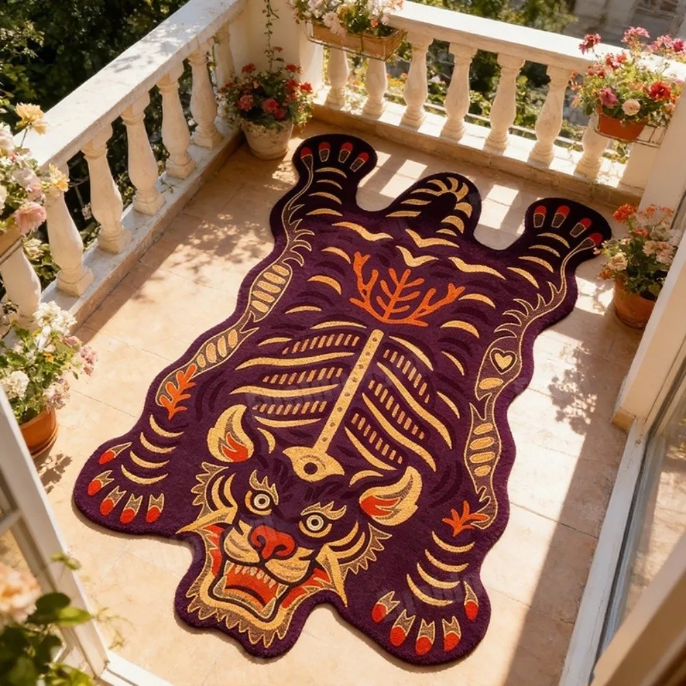 Creative Non Slip Tiger Carpet Lifelike Wear Resistant Creative Floor Mat 2D Flat Tiger Unique Shape Bedside Rug Bedside