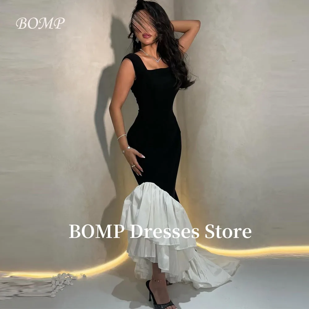 

BOMP Modern Black And White Mermaid Evening Dresses Arabic Women Prom Gowns Bodycon Tiered Formal Party Dress Customized