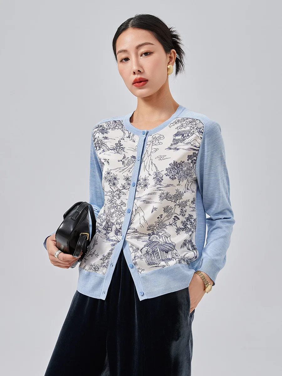 Birdsky, 1PC Women sweater top button cardigan office lady long sleeve landscape print combination 100% mulberry silk, S-525