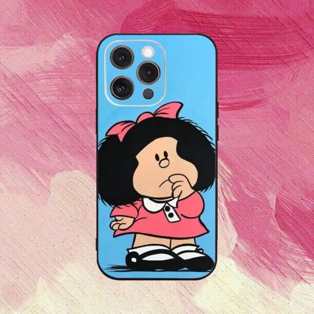 Hot Mafalda telefoonhoesje voor iPhone17,16,15,14,13,12,11 Plus, Pro Max zachte zwarte hoes