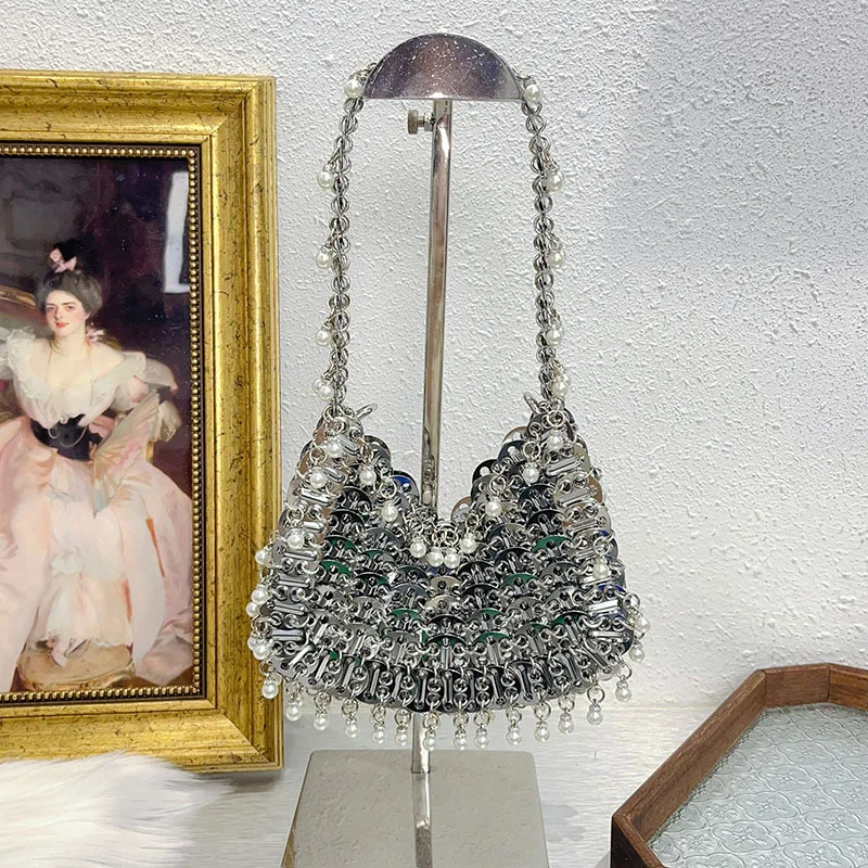 Fashionable Metal Fabric Handbag, Dinner Bag, Sequin Pattern, Red Pearl Decoration, Wedding Party