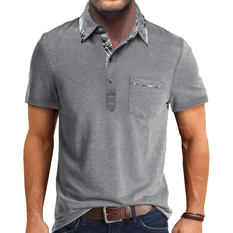 

2024 Summer European and American Men's Wear Flip Neck T-shirt Foreign Trade Men's Short Sleeved POLO Shirt Top Plaid
