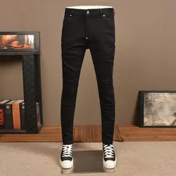 Italian fashion men's black jeans, high-quality retro elastic slim fit corrugated washed jeans, men's retro straight leg jeans