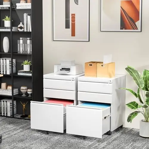 3 Drawer Filing Cabinet with Lock, White Mobile File Cabinet with Wheels, Rolling Small Metal Cabinets Under Desk for
