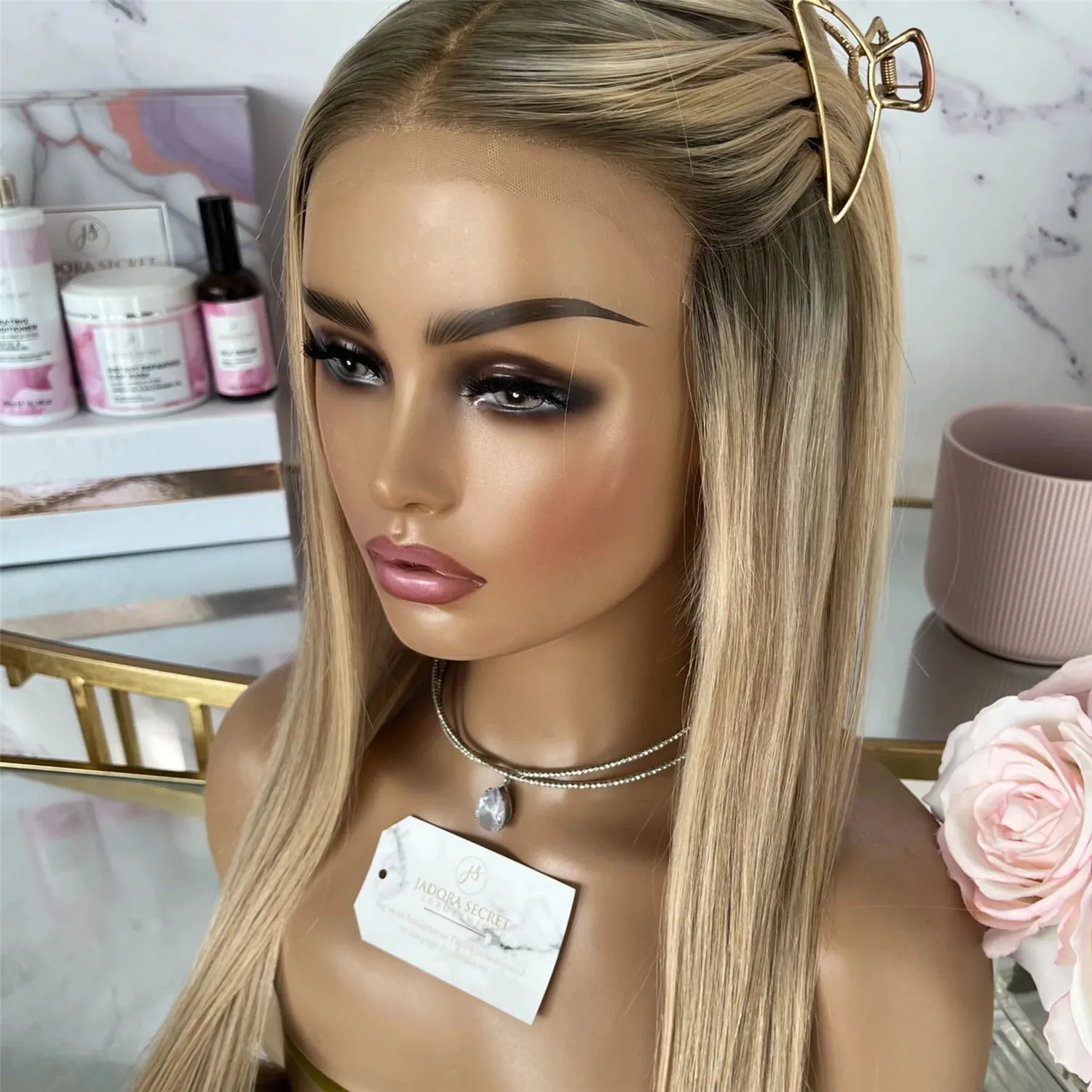 

Парик с эффектом омбре и балаяж, коричнево-русый, с HD-кружевной передней частью, из смеси натуральных и синтетических волос, прямой, для женщин, с предварительно выщипанной линией роста волос