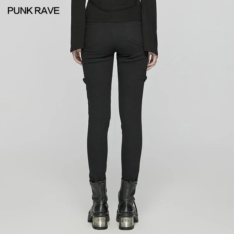 PUNK RAVE-Leggings tissés en sergé punk pour femmes, modules en cuir verni des deux côtés, beau et personnalisé, fjStreetwear