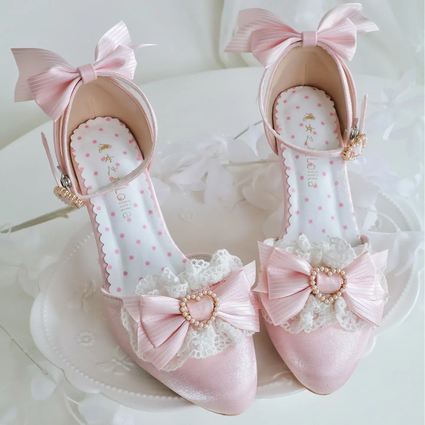 Lolita Satin Heels For Women Sweetheart Lace Bow Decorated Pointed Toe Sandals Kawaii Princess Style Ankle Strap Pumps