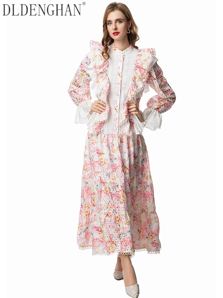 

DLDENGHAN Hollow out Print Single-Breasted Dress For Women Stand Collar Flared Sleeves Lace-Up Vintage Dresses Spring Female